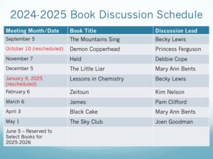 List of scheduled books for the 2024-2025 book group year